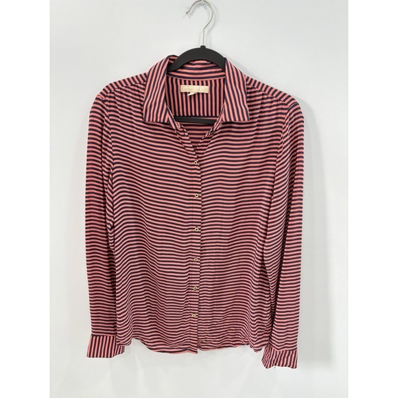 Banana Republic Tops - Banana Republic Womens 100% Silk Blouse Medium Pink Navy Striped Sheer